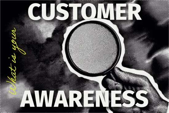 Black and white halftone graphic of a hand holding a magnifying glass with bold text asking 'What is your Customer Awareness,' illustrating the visibility gap businesses face without a website