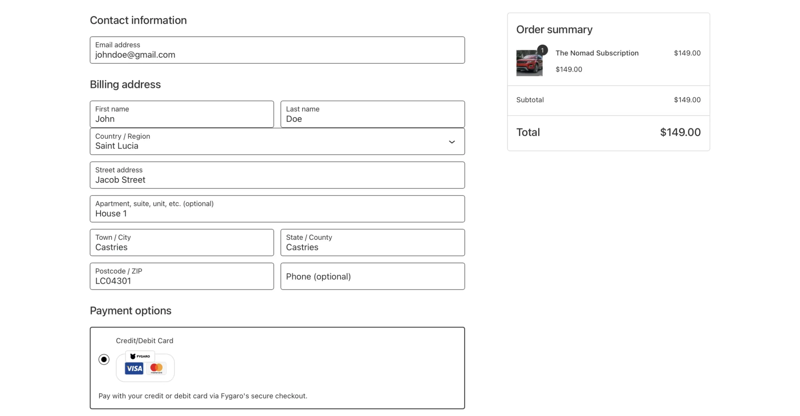 Green For Go checkout page design by CJN Digital Solutions, showing billing details form and Nomad Subscription order summary with Fygaro payment integration