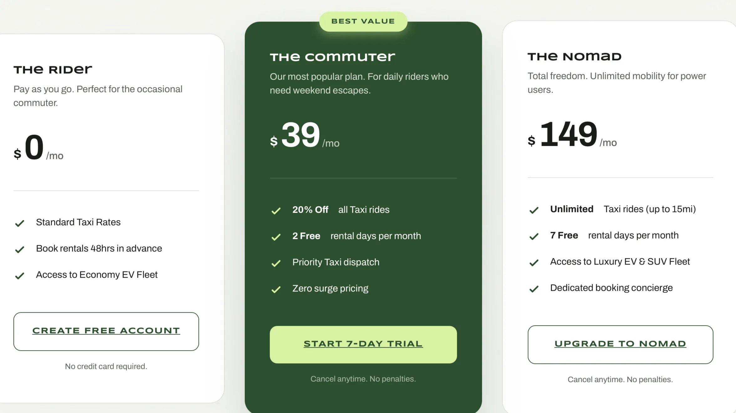 Green For Go taxi and vehicle rental SaaS pricing page design by CJN Digital Solutions, showing Rider, Commuter, and Nomad subscription plans