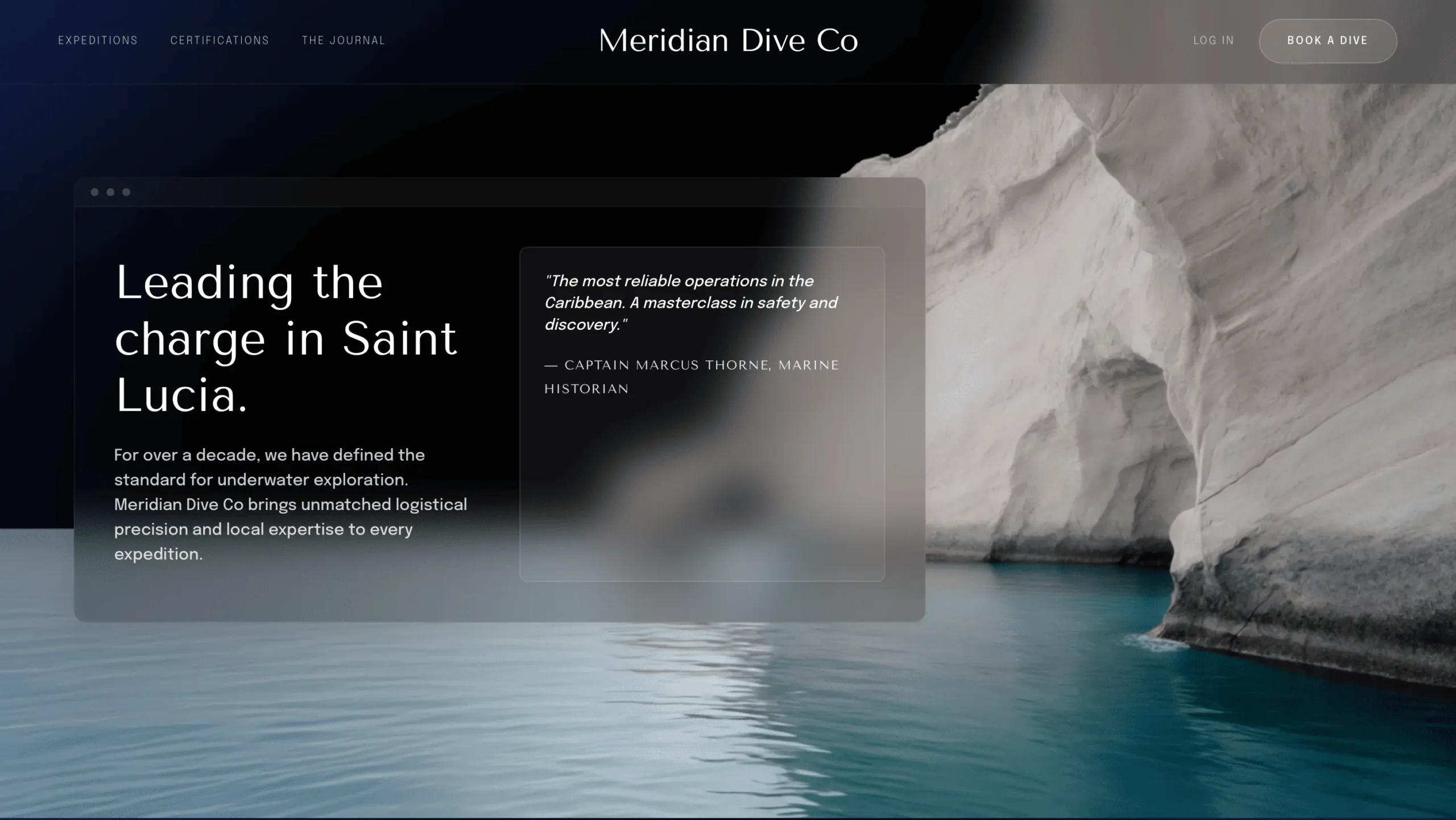 Finished Meridian Dive Co homepage design featuring a full-bleed underwater cave photo, bold headline 'Leading the charge in Saint Lucia,' and client testimonial overlay