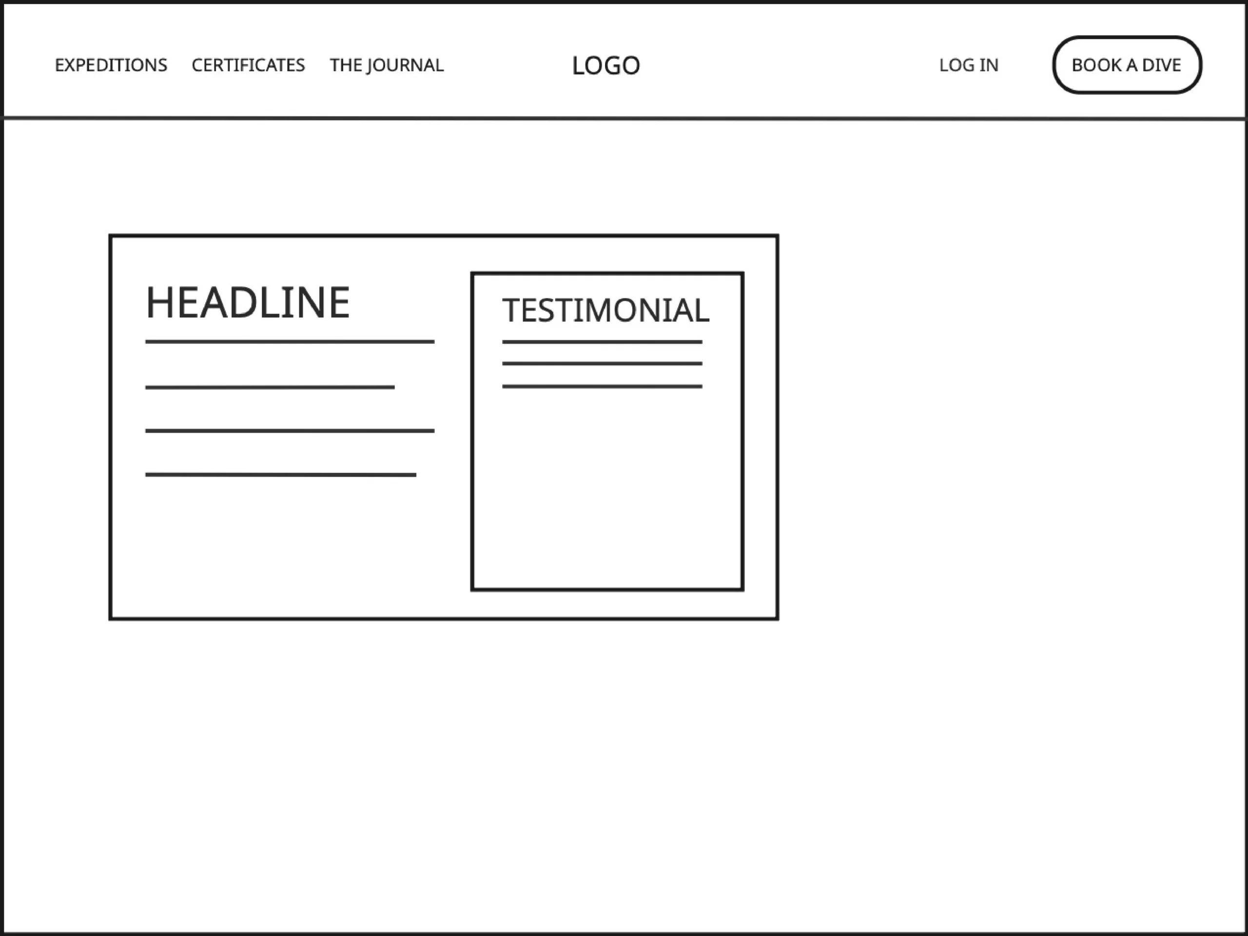 Grayscale wireframe layout for Meridian Dive Co website showing navigation, headline, and testimonial block placement before visual design
