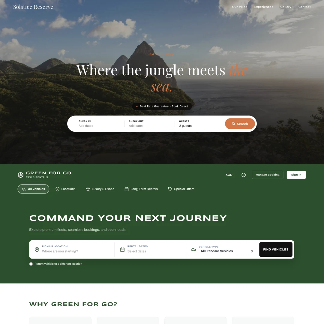 Two website design examples by CJN Digital Solutions: Solstice Reserve, a villa booking site with hero search bar, and Green For Go, a taxi and vehicle rental booking platform